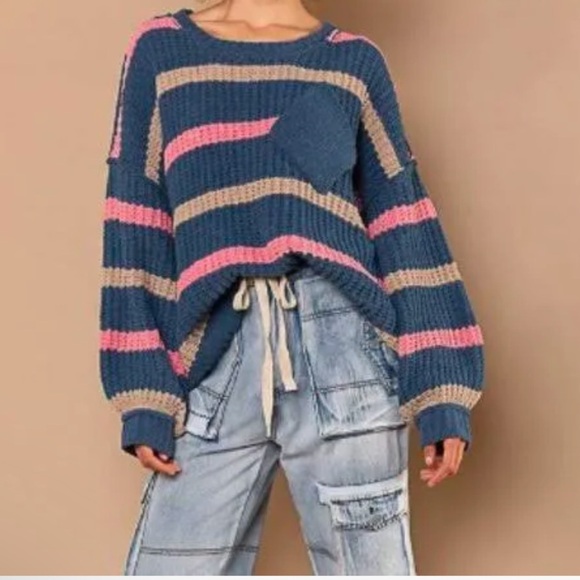 POL Blue, Pink & Tan Striped Chunky Knit Sweater – Size M - Picture 1 of 8